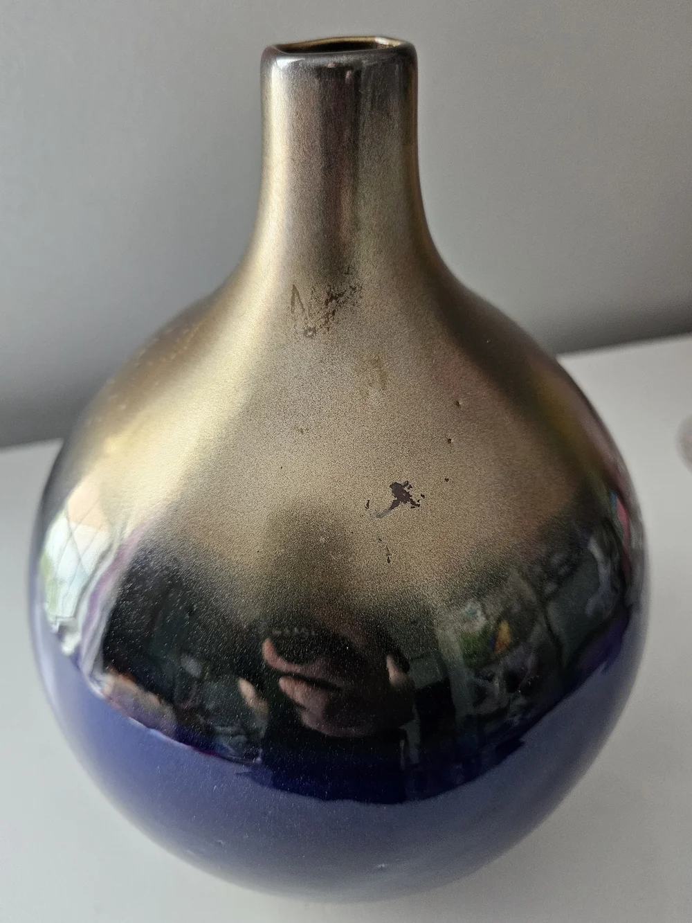 Blue and Gold Ceramic Vase with Purple Floral Accent - Home Accents